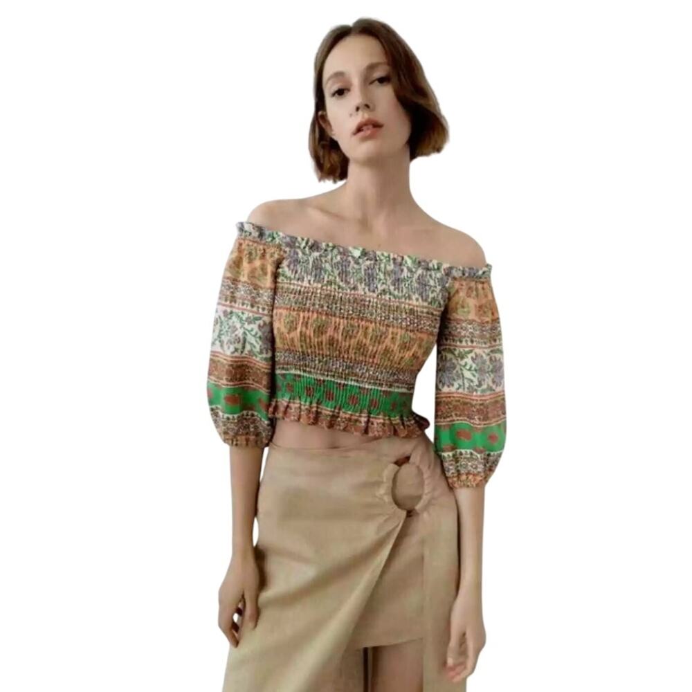 Zara Linen Blend Bishop Sleeve Smocked Off Shoulder RuffleCrop Top Size Large